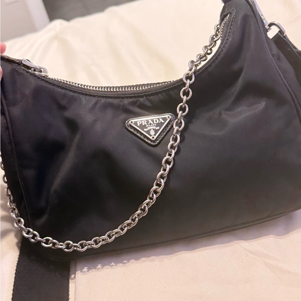 Prada Re-Edition 2005 Black Nylon Shoulder Bag w/ Chain & Mini Pouch - Picture 2 of 9